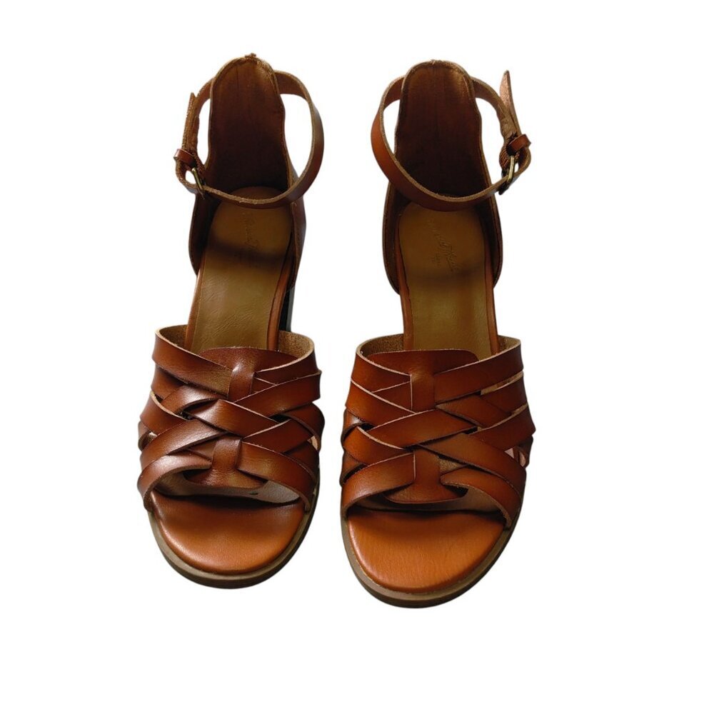 Universal Thread Women's Size 8 Brown Woven Front Black Heel Ankle Strap Sandals